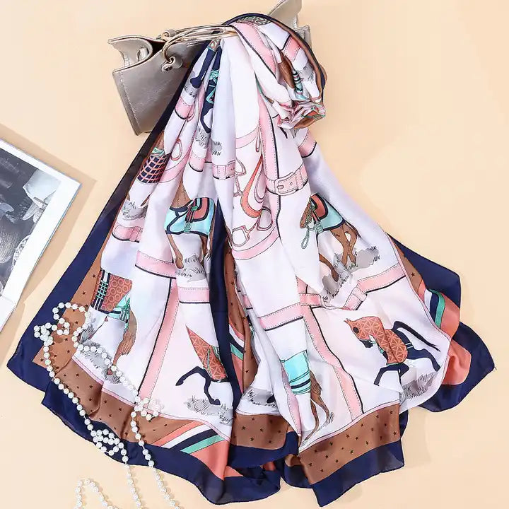 CHARLOTTE Horse Design, Man-Made Silk Chiffon Scarf - 180 x 90cms