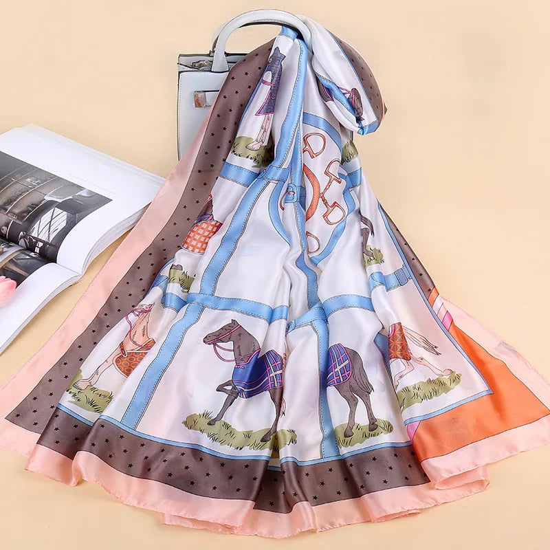 CHARLOTTE Horse Design, Man-Made Silk Chiffon Scarf - 180 x 90cms