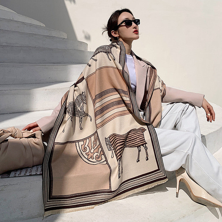 CUTHA Horse Design Cashmere Blend Pashmina/Shawl - 180 x 65 cms