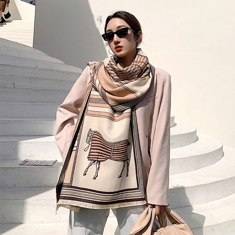 CUTHA Horse Design Cashmere Blend Pashmina/Shawl - 180 x 65 cms