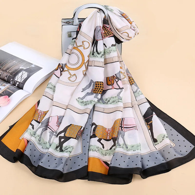 CHARLOTTE Horse Design, Man-Made Silk Chiffon Scarf - 180 x 90cms