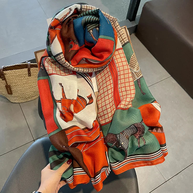 CLARISE Horse Design Linen Look Scarf - 180 x 90 cms