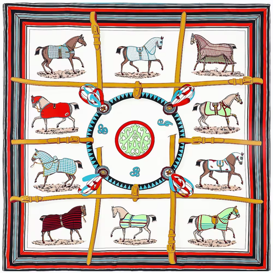 AMELIA 130 Horse Design, Made-Made Silk Twill Scarf - 130 x 130 cms