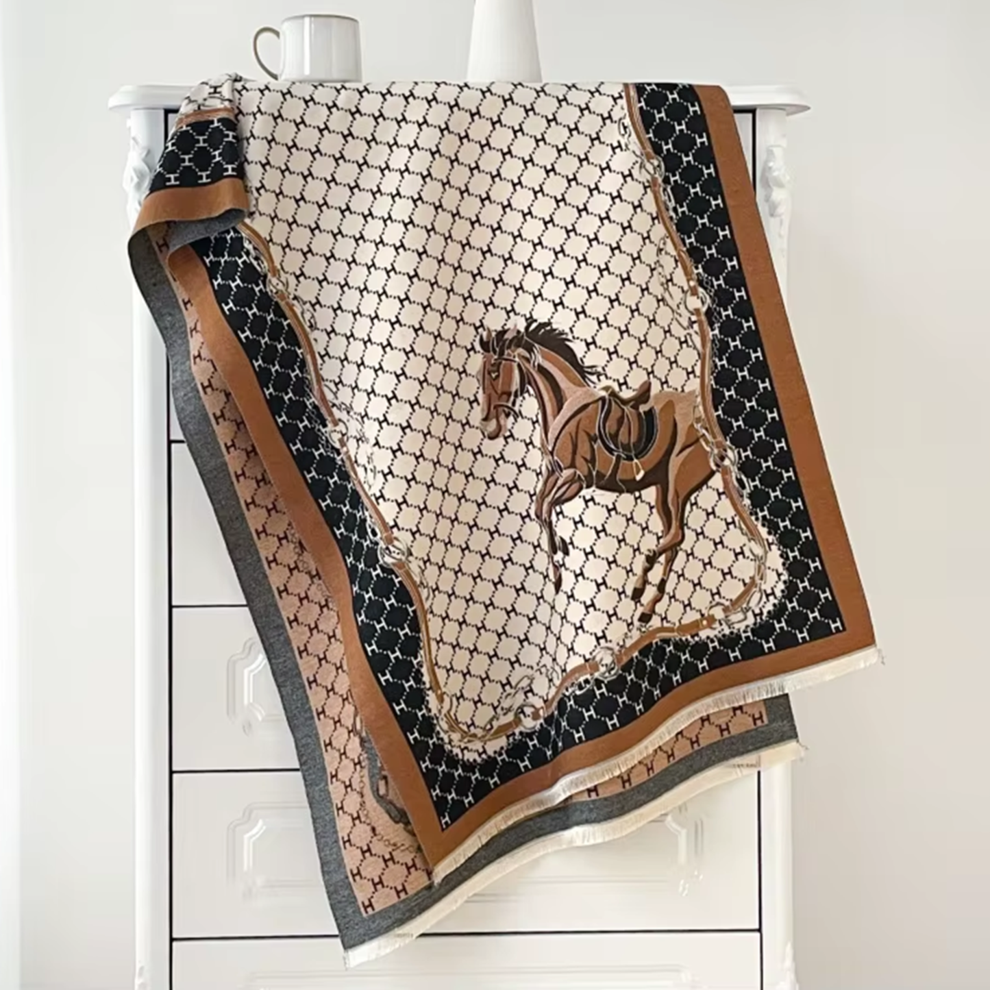 LAHORE Horse design, Cashmere Blend Pashmina/Shawl - 180 x 65 cms