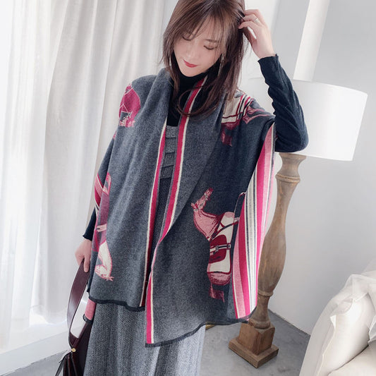 ALAINE Equestrian Pashmina Scarf | Horse Design Shawl 180 × 65 cm