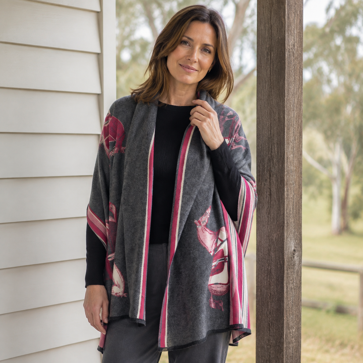 ALAINE Equestrian Pashmina Scarf | Horse Design Shawl 180 × 65 cm