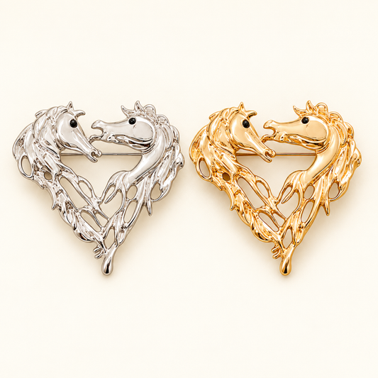 BEAU Double Horse Head Heart Brooch