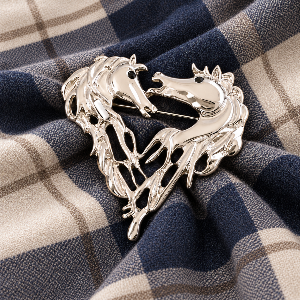 BEAU Double Horse Head Heart Brooch