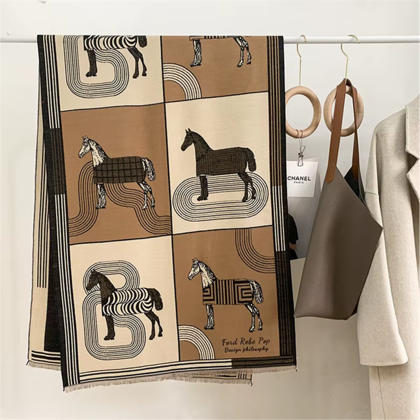 BRETON Horse design, Cashmere Blend Pashmina/Shawl - 180 x 65 cms