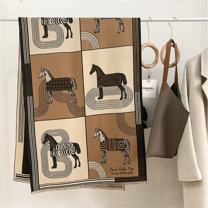 BRETON Equestrian Pashmina Scarf | Horse Design Shawl 180 × 65 cm
