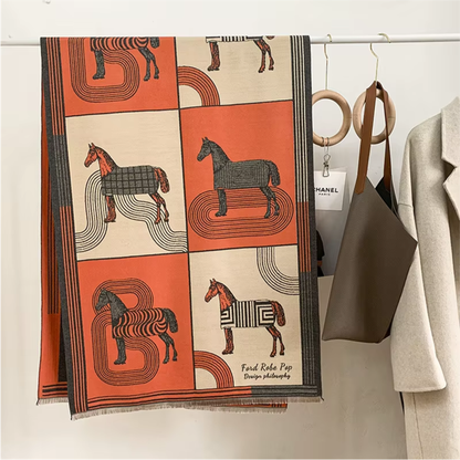 BRETON Equestrian Pashmina Scarf | Horse Design Shawl 180 × 65 cm