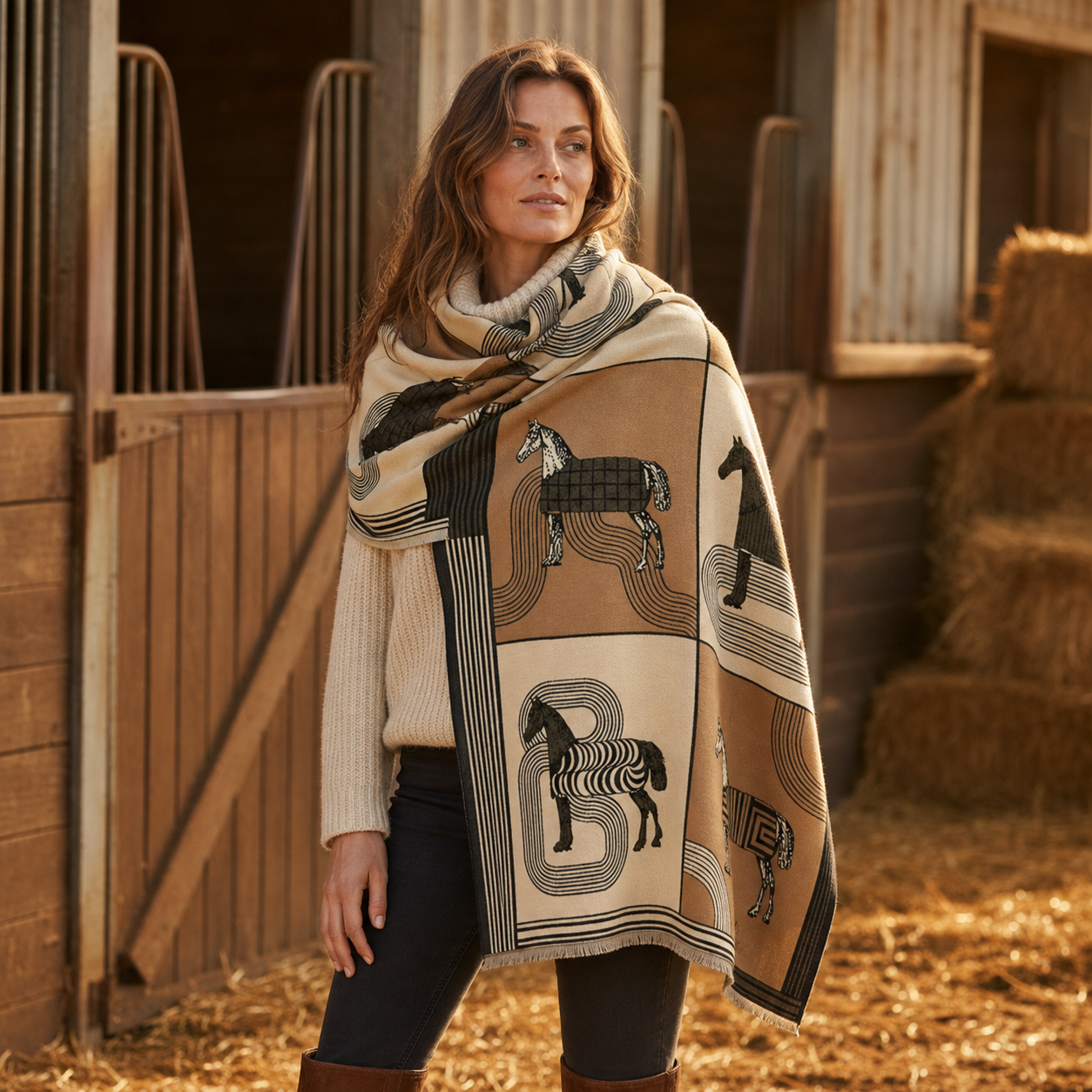 BRETON Equestrian Pashmina Scarf | Horse Design Shawl 180 × 65 cm