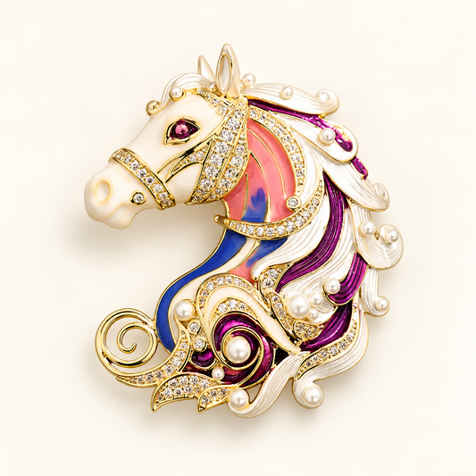 CALYPSO Zircon, Pearl & Enamel Horse Head Brooch or Pendant