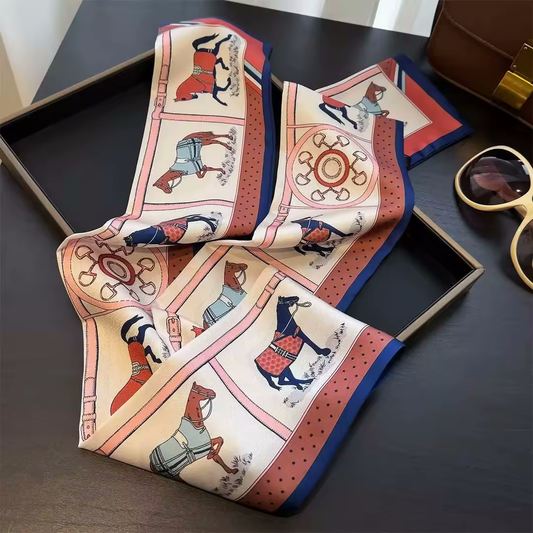 CHARLOTTE 145 Horse Design, Silk Look Satin Skinny Scarf - 148 X 12 cms
