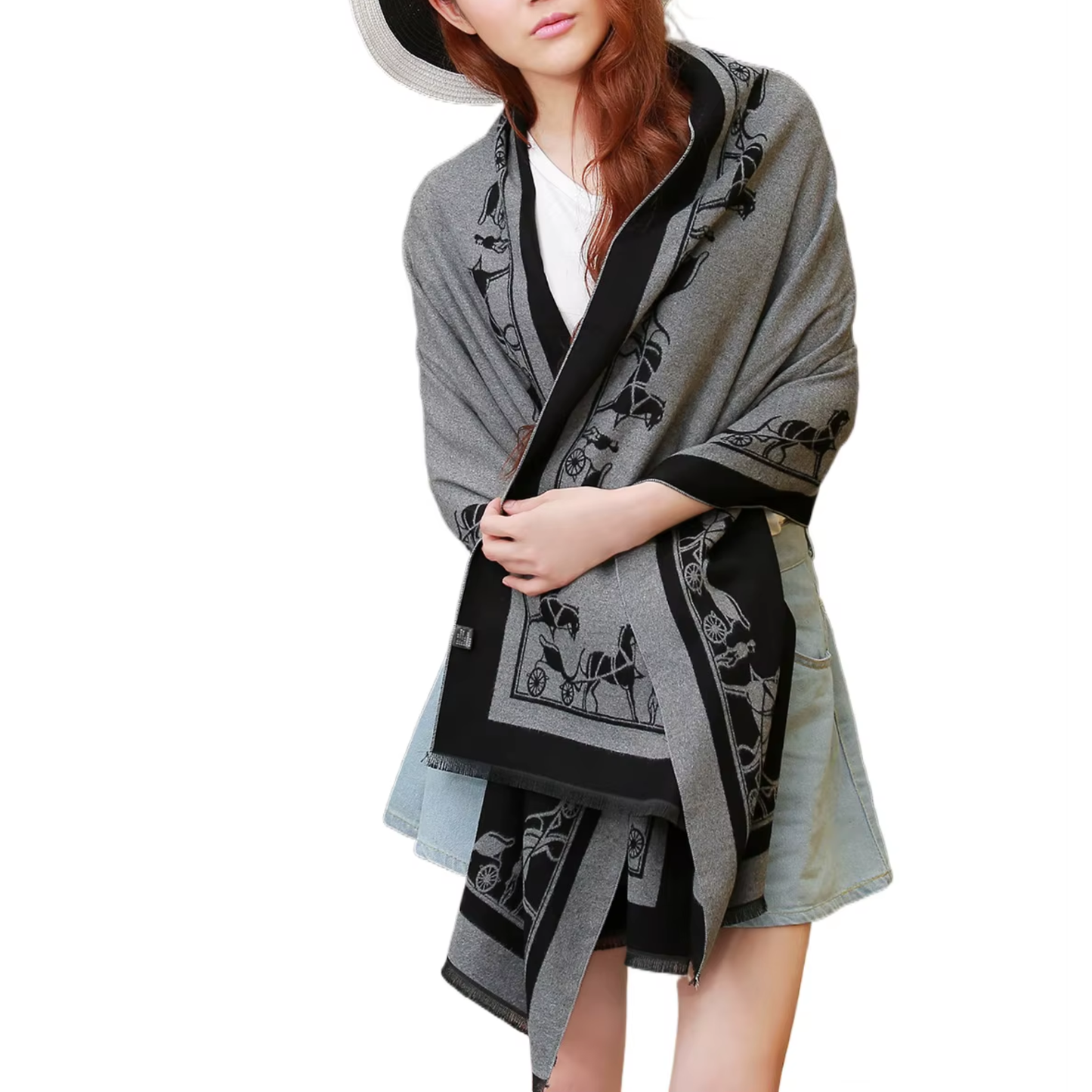 CLUNY Horse design, Cashmere Blend Pashmina/Shawl - 180 x 65 cms