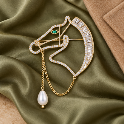 ERTE Art Deco Horse Head Zircon & Freshwater Pearl Brooch