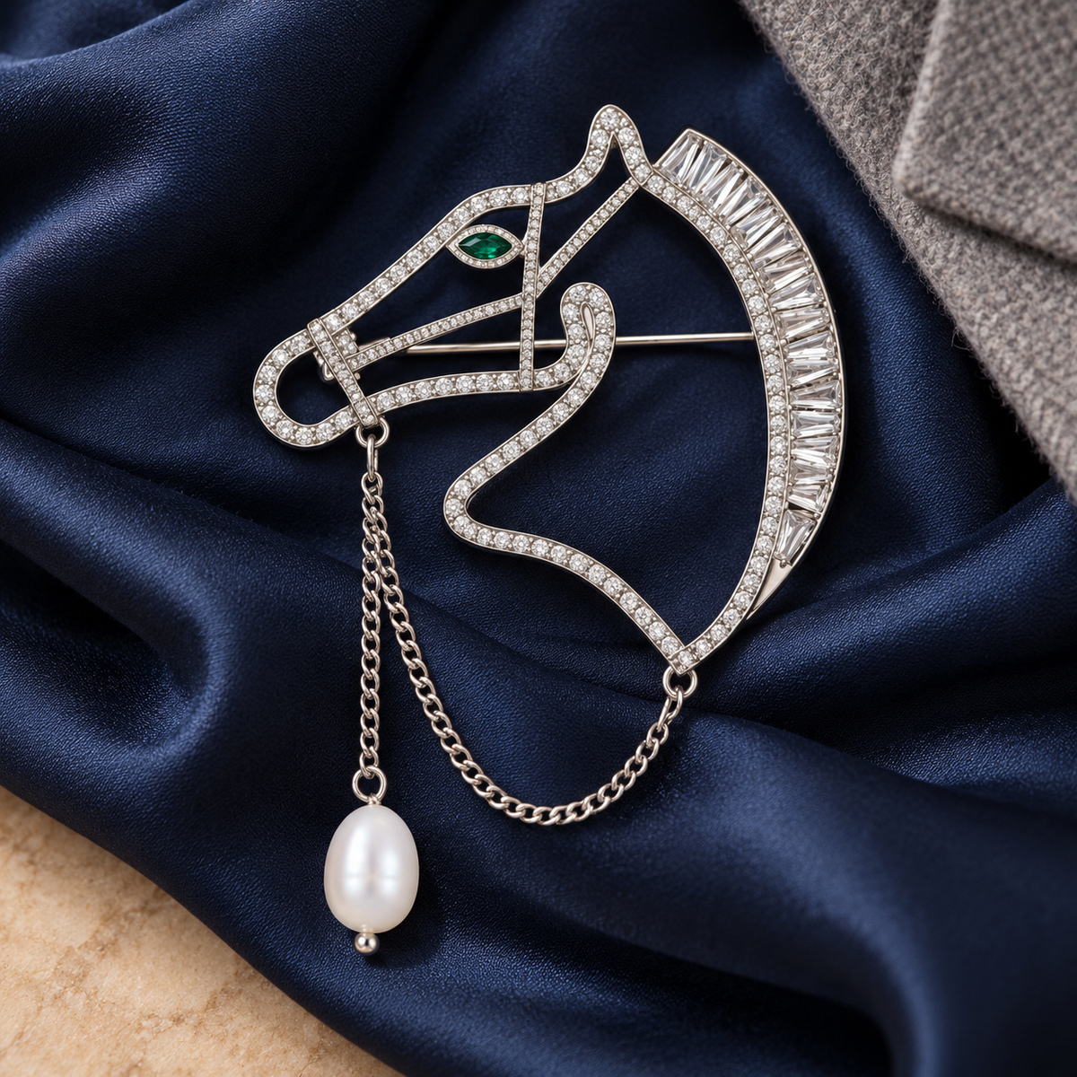 ERTE Art Deco Horse Head Zircon & Freshwater Pearl Brooch