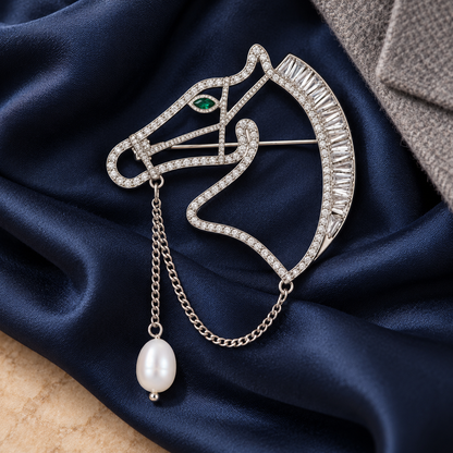 ERTE Art Deco Horse Head Zircon & Freshwater Pearl Brooch