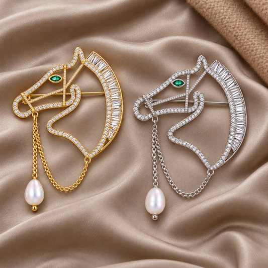 ERTE Art Deco Horse Head Zircon & Freshwater Pearl Brooch