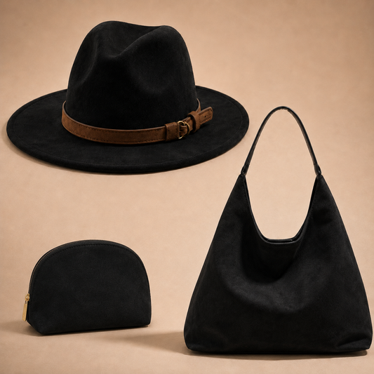 GISELLE Suede Look Fedora & Slouch Bag Set