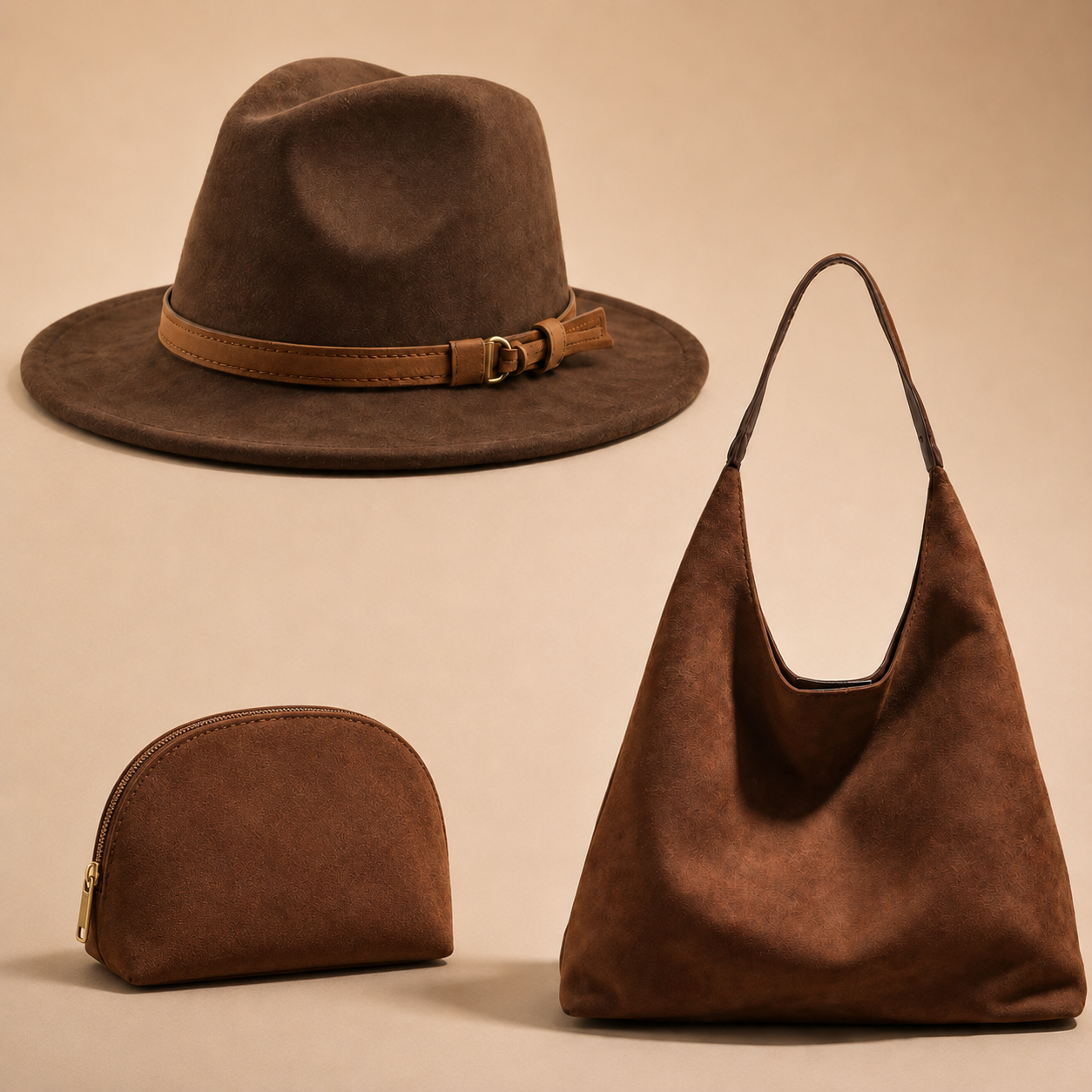 GISELLE Suede Look Fedora & Slouch Bag Set