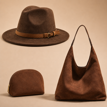 GISELLE Suede Look Fedora & Slouch Bag Set