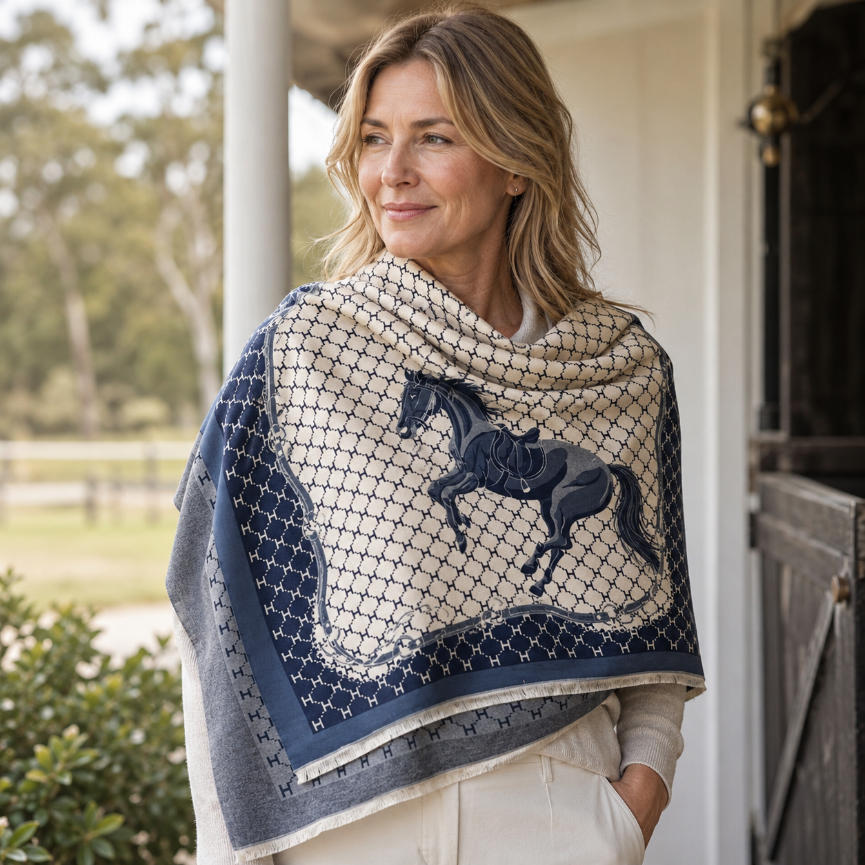 LAHORE Equestrian Pashmina Scarf | Horse Design Shawl 180 × 65 cm