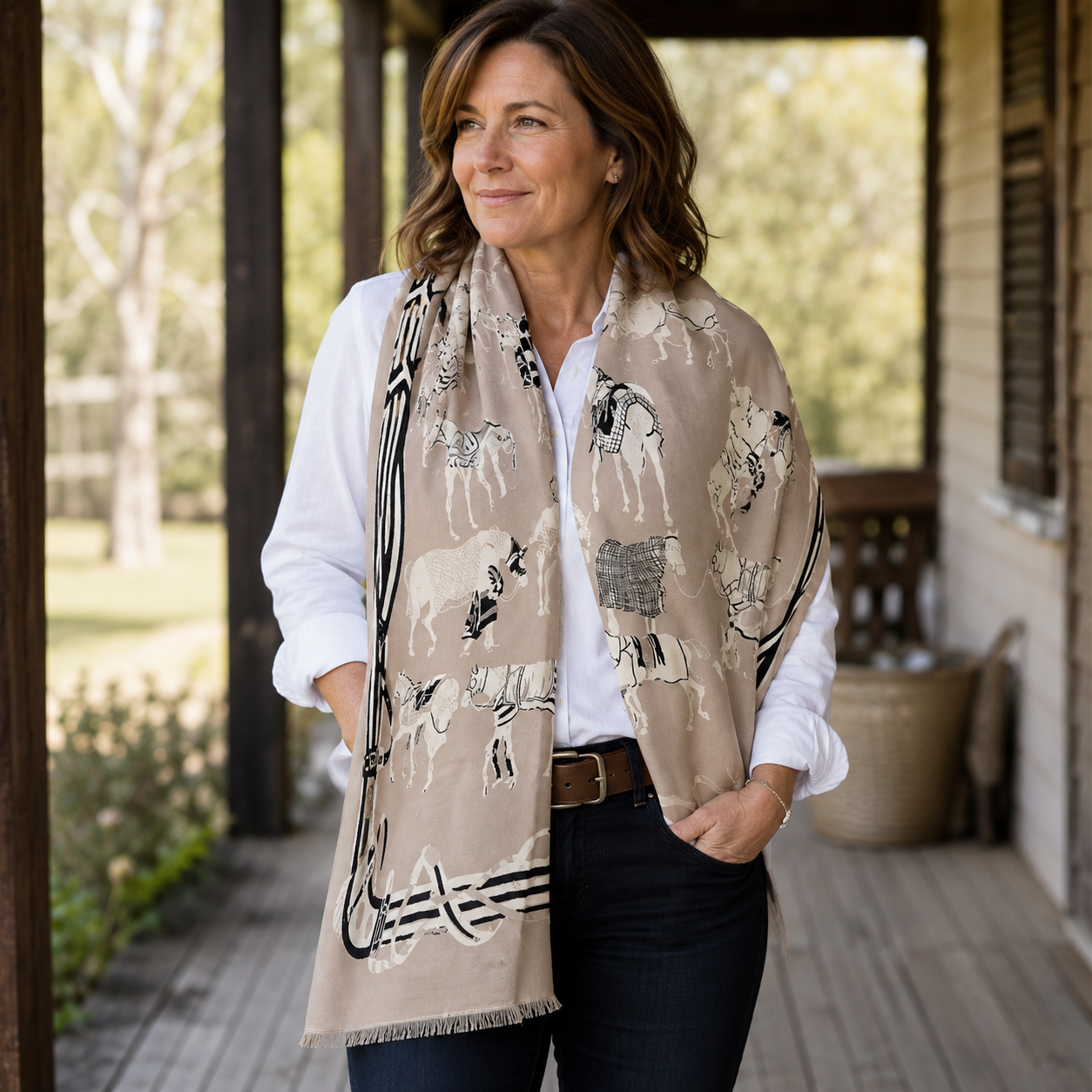 LEON Equestrian Pashmina Scarf | Horse Design Shawl 180 × 65 cm