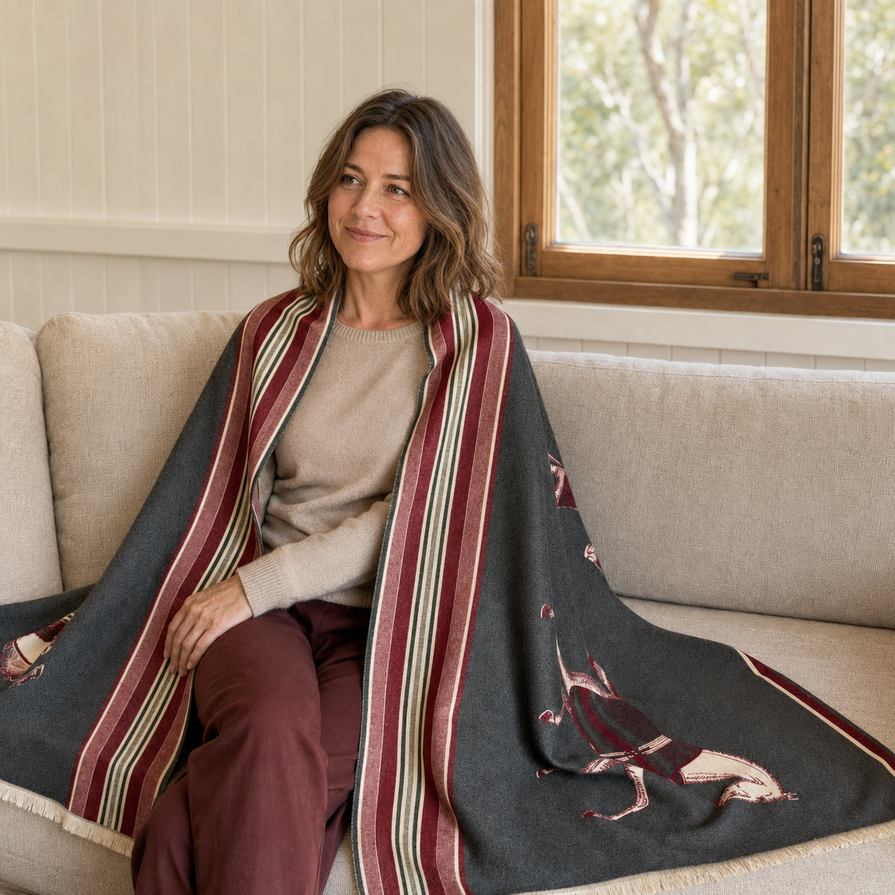 ALAINE Equestrian Pashmina Scarf | Horse Design Shawl 180 × 65 cm