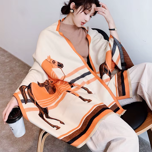 LYNETTE Equestrian Pashmina Scarf | Horse Design Shawl 180 × 65 cm