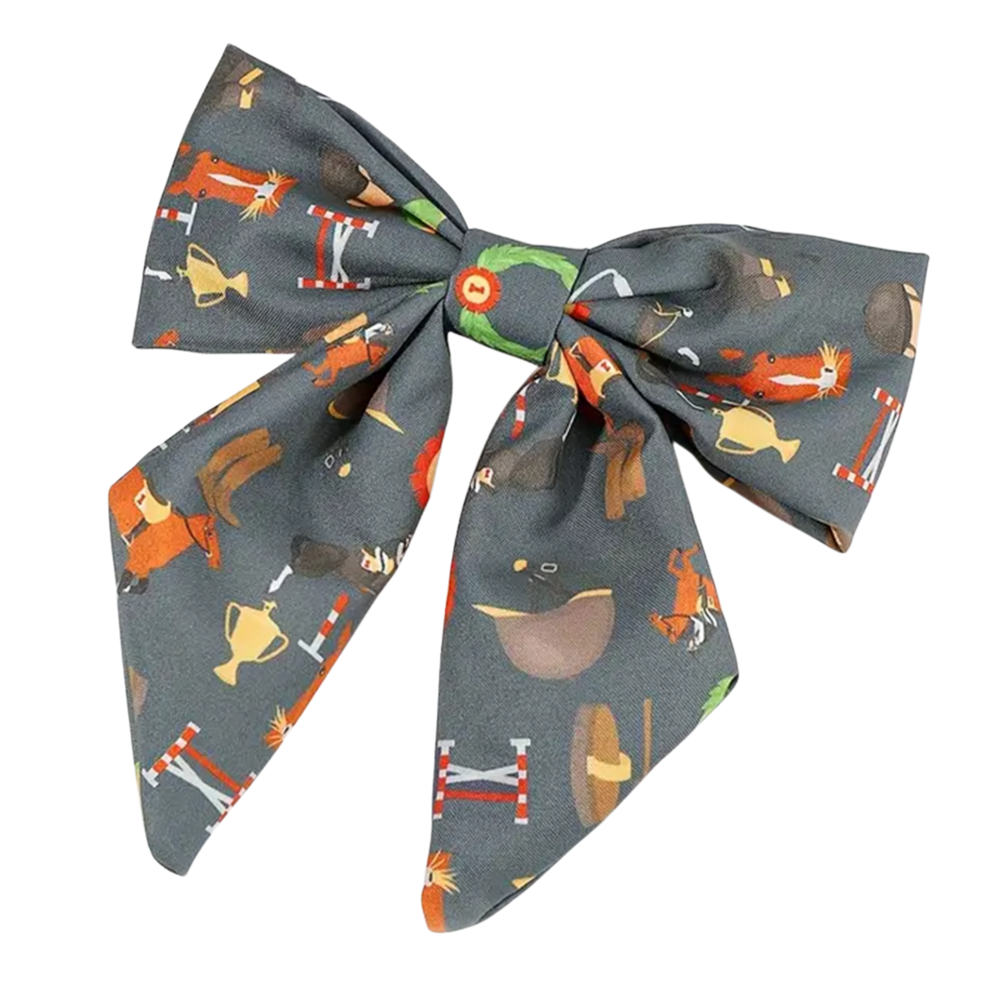 Hair bow with a colourful horse pattern on a grey background.