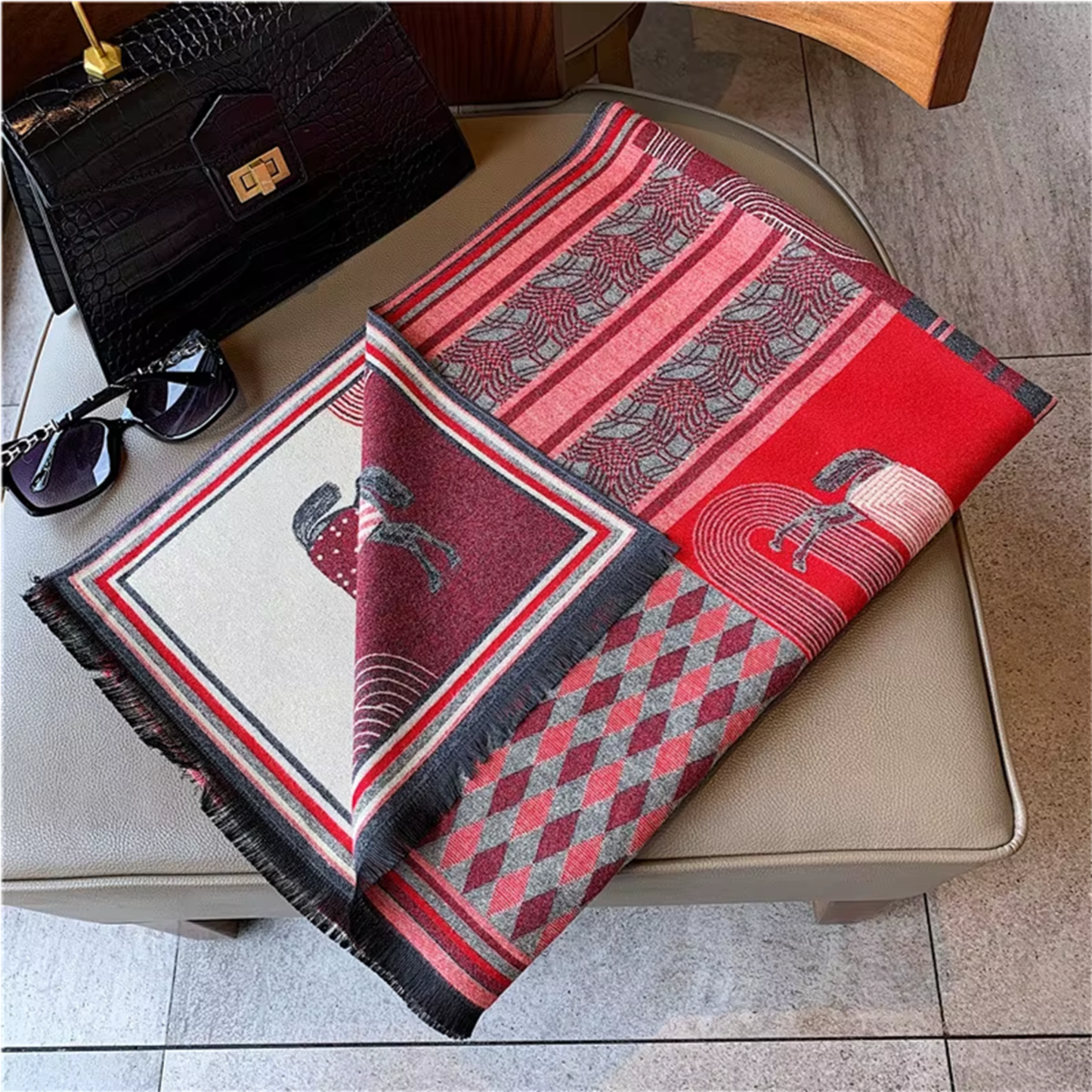 SEVILLE Horse Design Cashmere Blend Pashmina/Shawl - 180 x 65 cms