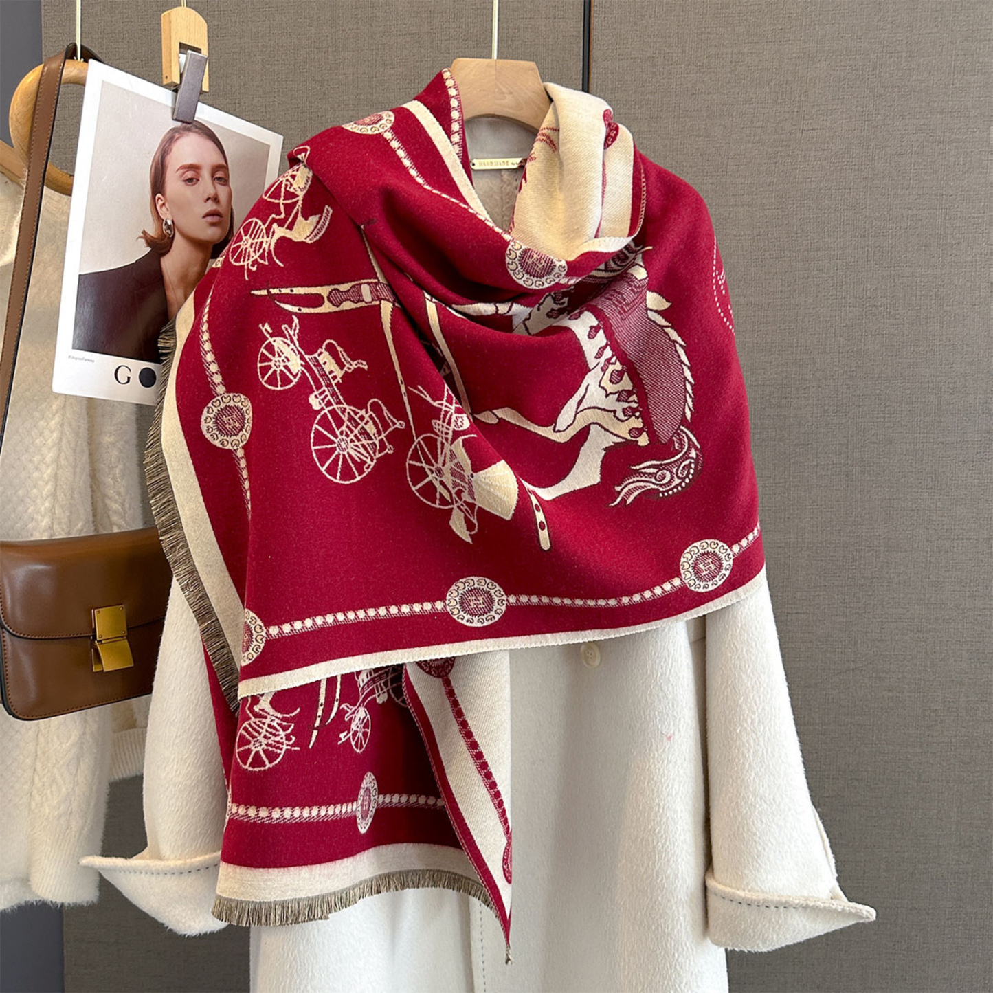 SHERELLE Horse Design Cashmere Blend Pashmina/Shawl - 180 x 65 cms