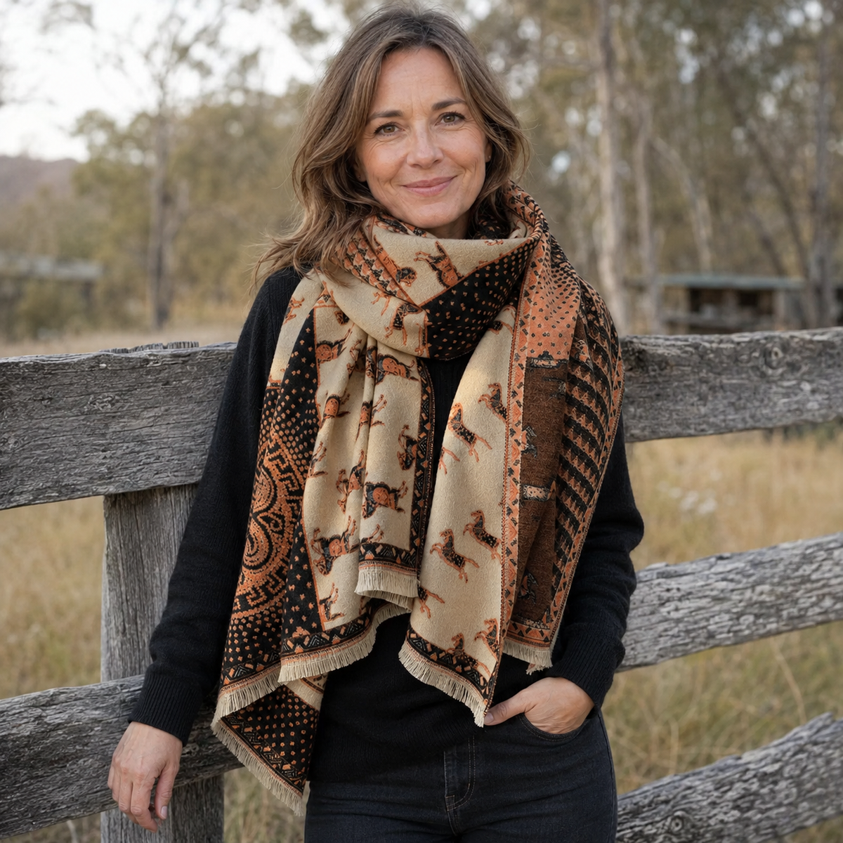 SHONA Equestrian Pashmina Scarf | Horse Design Shawl 180 × 65 cm