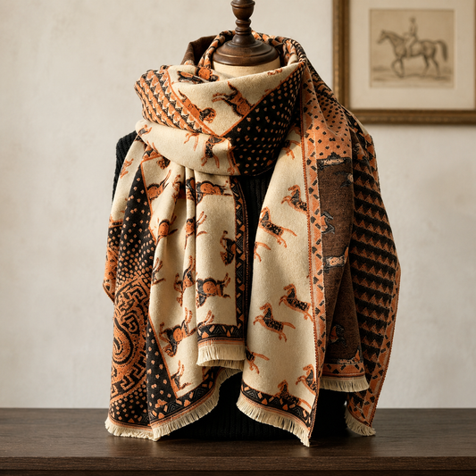 SHONA Equestrian Pashmina Scarf | Horse Design Shawl 180 × 65 cm