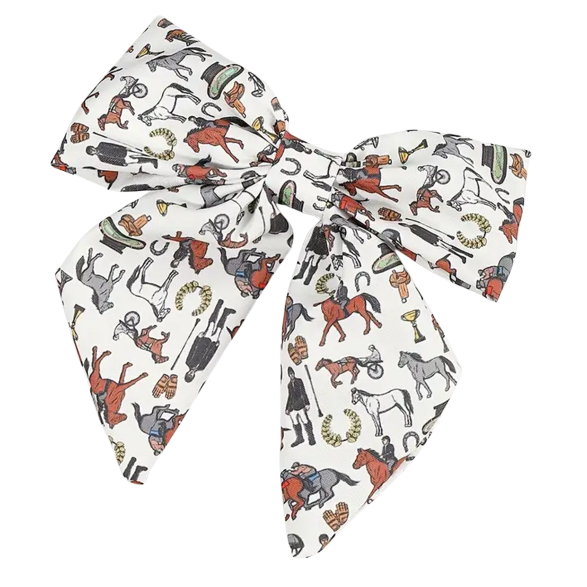 Bow-shaped fabric with horse and rider pattern on a white background