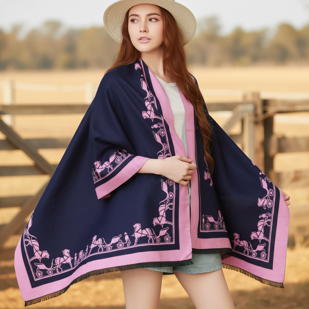 Model shot - CLUNY Navy & Pink Pashmina